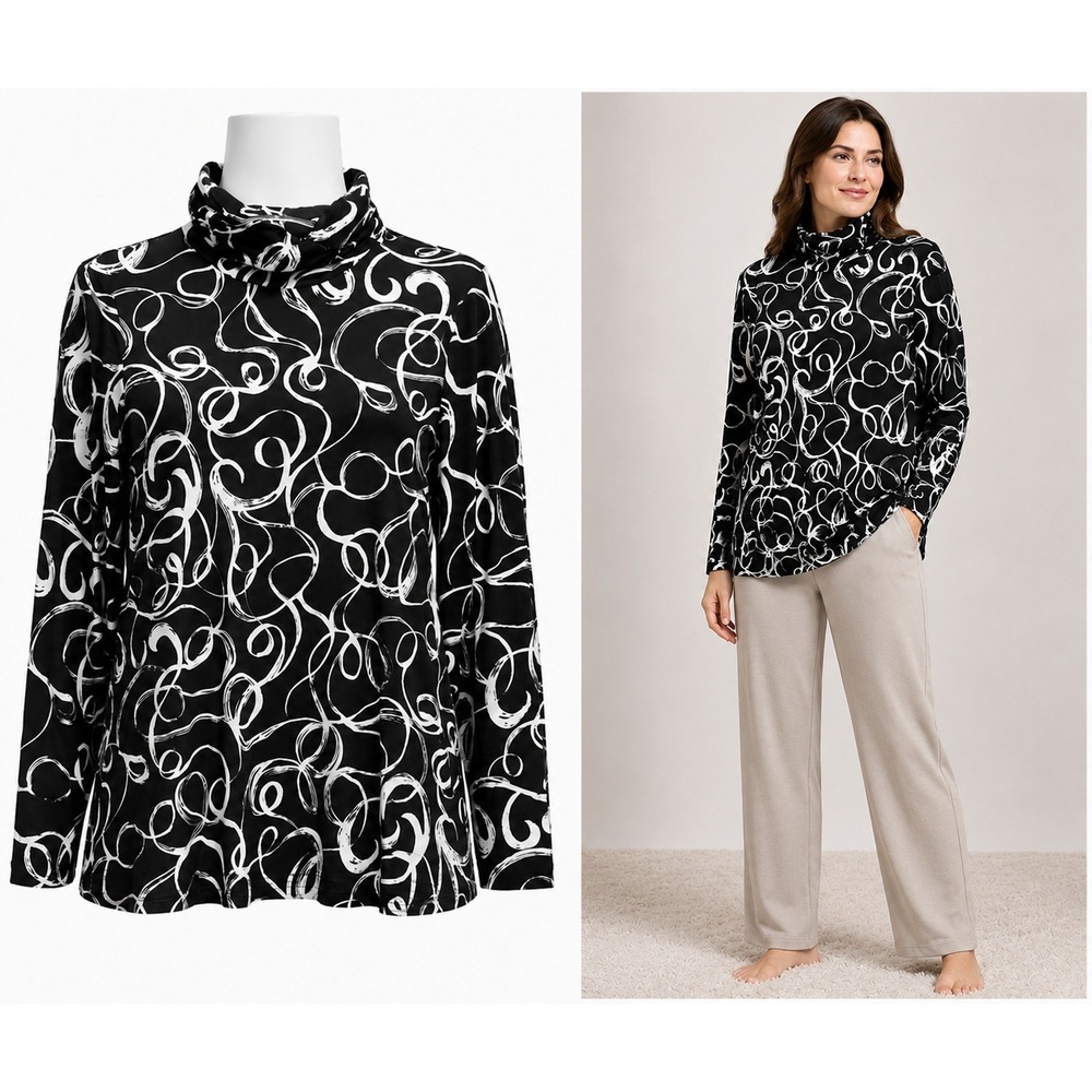 Susan Graver Top Womens Medium Black White Abstract Mock Neck Long Sleeve Shirt